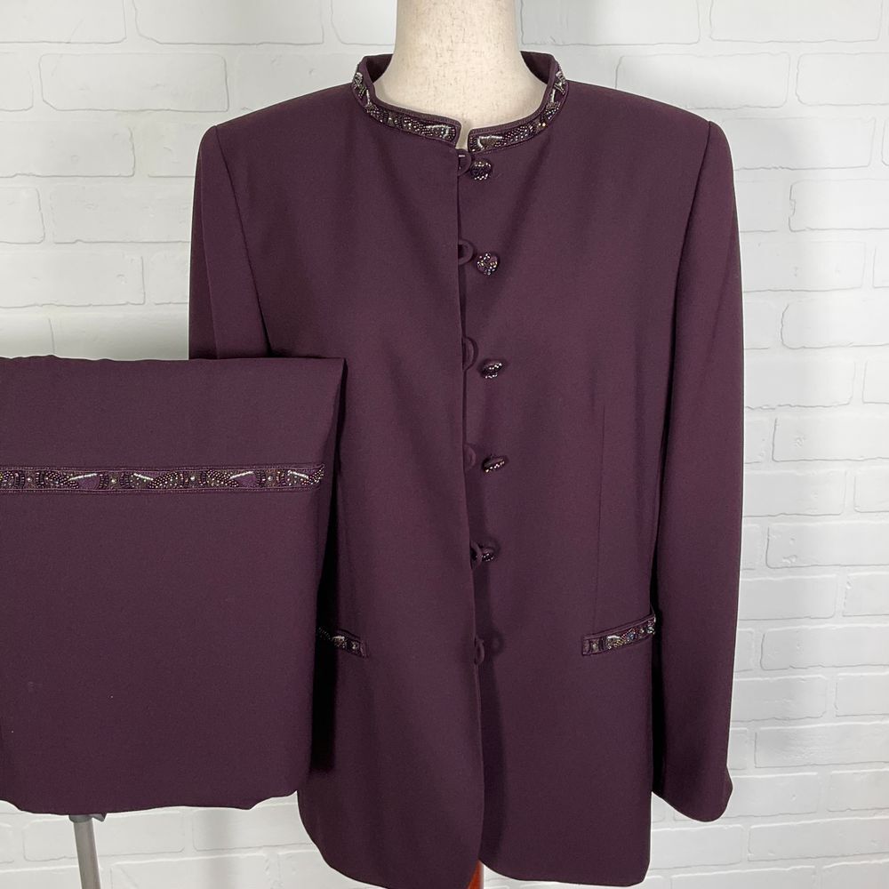 John Meyer Norwich Skirt Suit Women 14 Plum Purple Bead Mandarin Formal Party